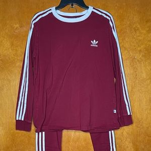 Adidas Maroon 3 Stripes Long Sleeve Top & Leggings Set
